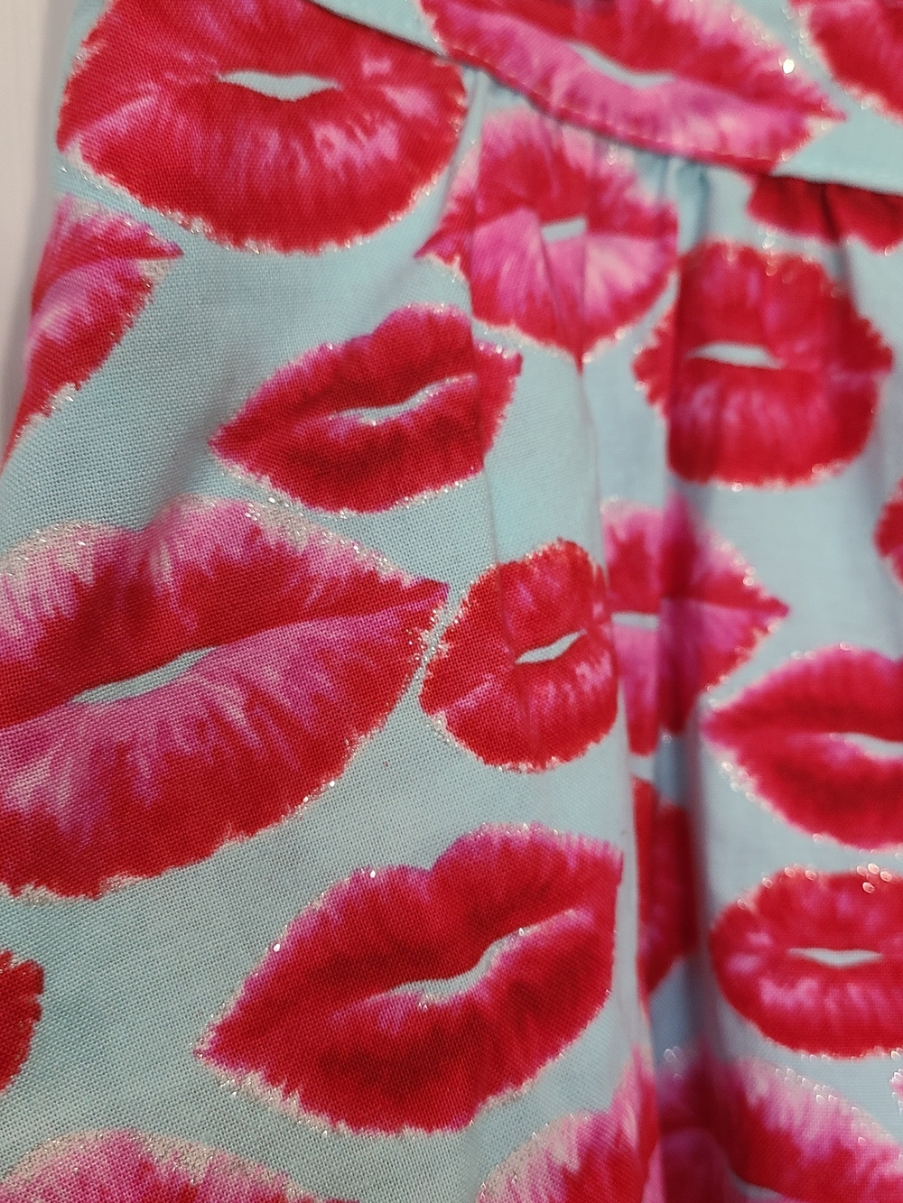 Retrolicious Pink & Red Lip Print Circle Skirt on Light Blue - Picture 2 of 5